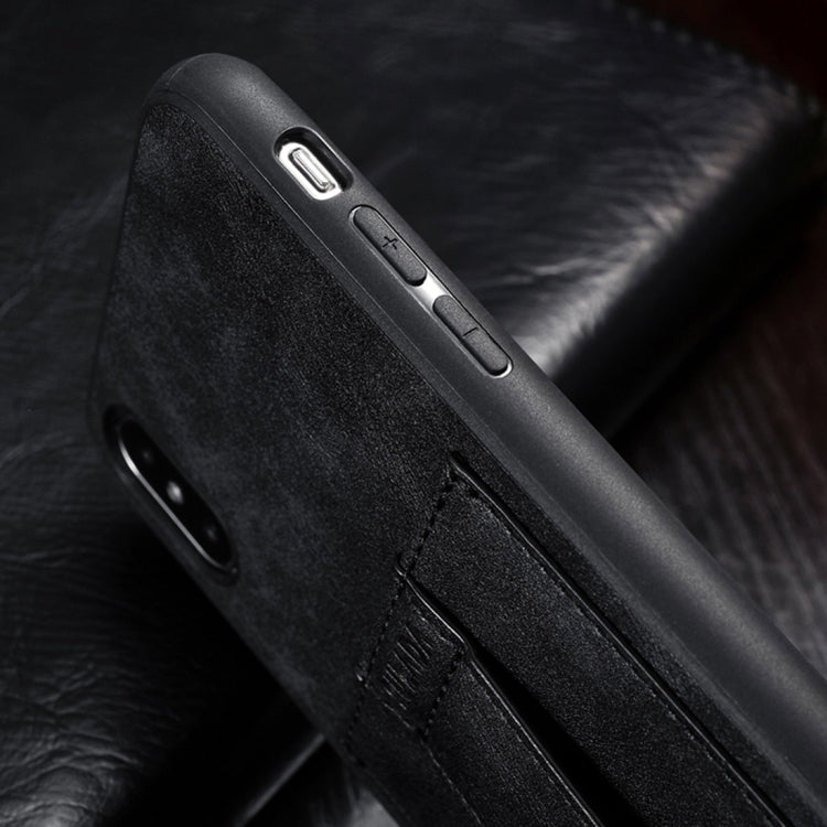 For iPhone XS Max SULADA Shockproof TPU + Handmade Leather Protective Case with Holder & Card Slot & Hand Strap