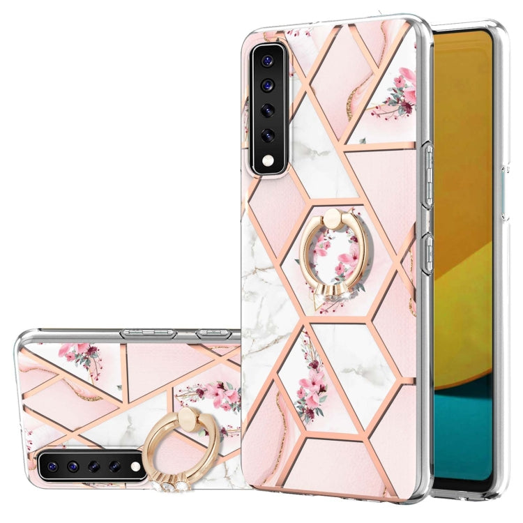 For LG Stylo 7 Electroplating Splicing Marble Flower Pattern TPU Shockproof Case with Rhinestone Ring Holder