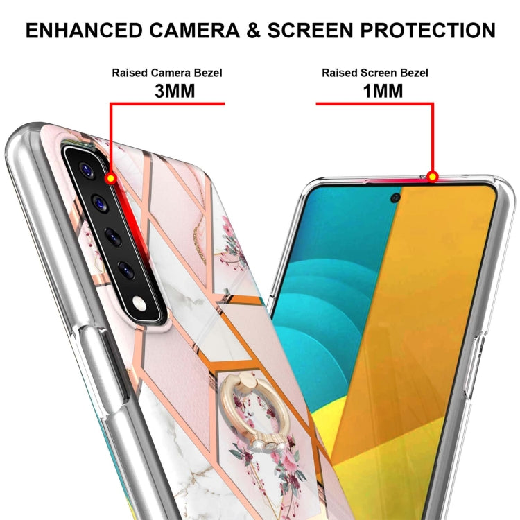 For LG Stylo 7 Electroplating Splicing Marble Flower Pattern TPU Shockproof Case with Rhinestone Ring Holder