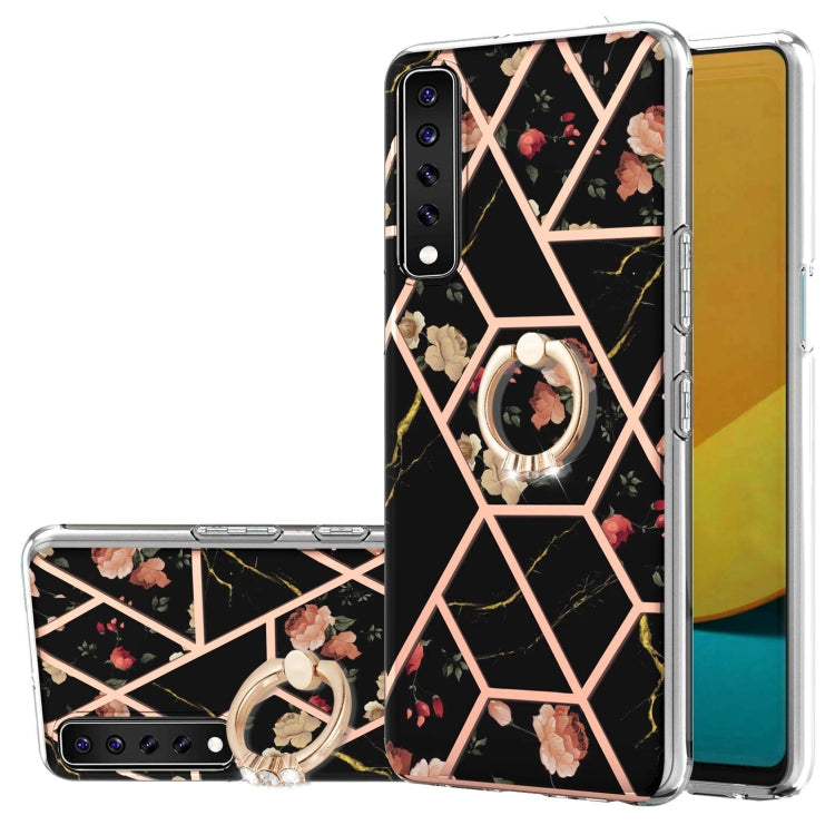 For LG Stylo 7 Electroplating Splicing Marble Flower Pattern TPU Shockproof Case with Rhinestone Ring Holder