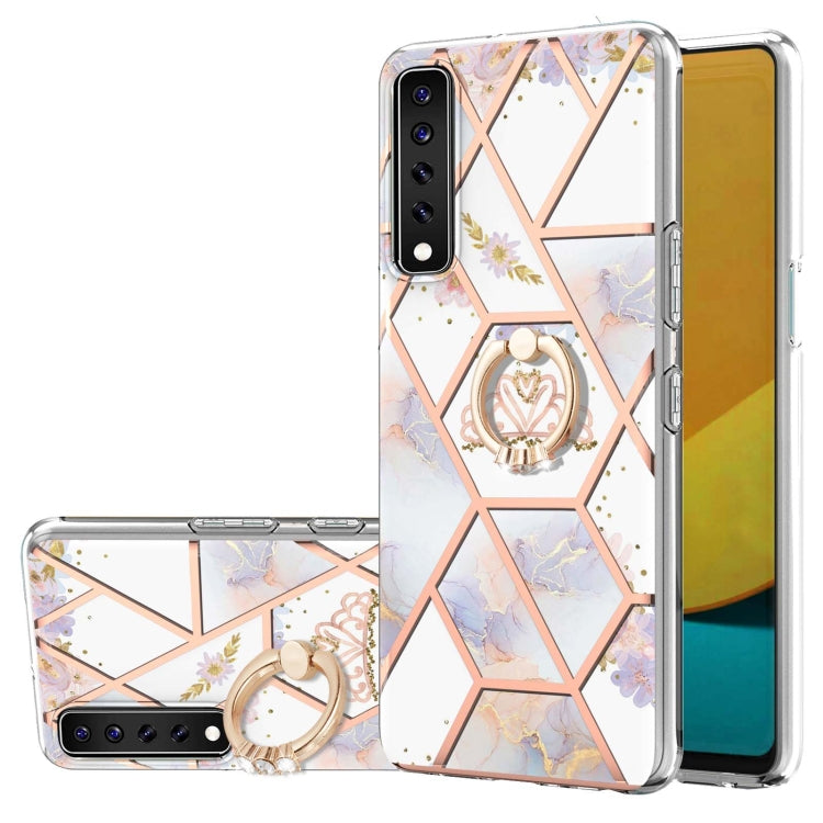 For LG Stylo 7 Electroplating Splicing Marble Flower Pattern TPU Shockproof Case with Rhinestone Ring Holder