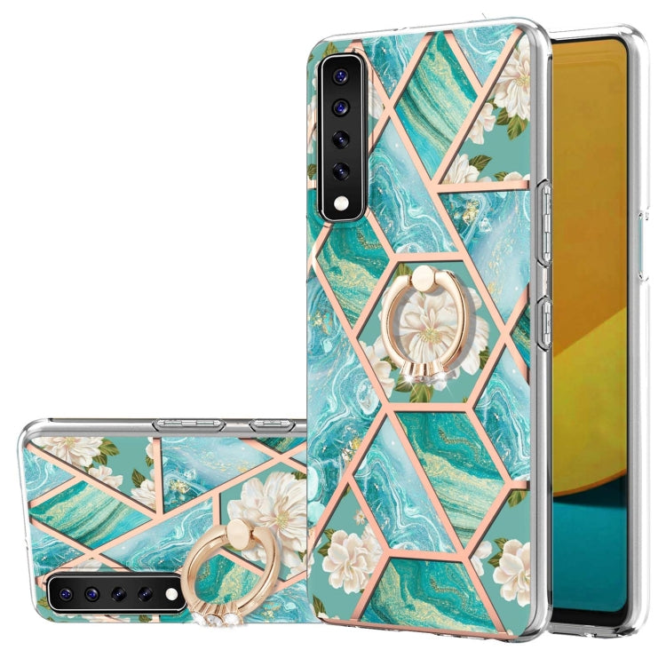 For LG Stylo 7 Electroplating Splicing Marble Flower Pattern TPU Shockproof Case with Rhinestone Ring Holder