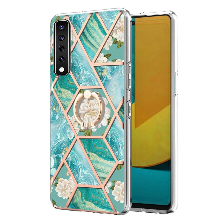 For LG Stylo 7 Electroplating Splicing Marble Flower Pattern TPU Shockproof Case with Rhinestone Ring Holder