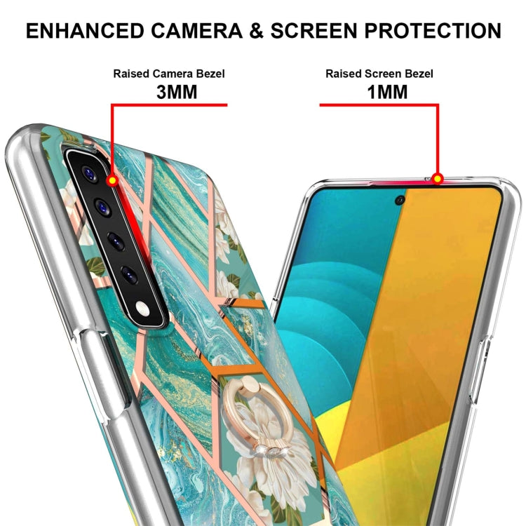 For LG Stylo 7 Electroplating Splicing Marble Flower Pattern TPU Shockproof Case with Rhinestone Ring Holder