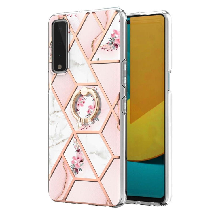 For LG Stylo 7 5G Electroplating Splicing Marble Flower Pattern TPU Shockproof Case with Rhinestone Ring Holder