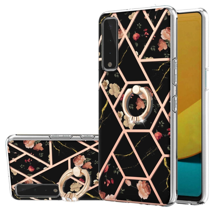 For LG Stylo 7 5G Electroplating Splicing Marble Flower Pattern TPU Shockproof Case with Rhinestone Ring Holder
