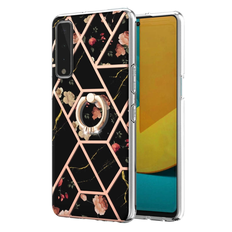 For LG Stylo 7 5G Electroplating Splicing Marble Flower Pattern TPU Shockproof Case with Rhinestone Ring Holder