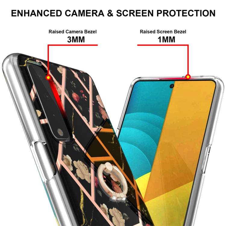 For LG Stylo 7 5G Electroplating Splicing Marble Flower Pattern TPU Shockproof Case with Rhinestone Ring Holder