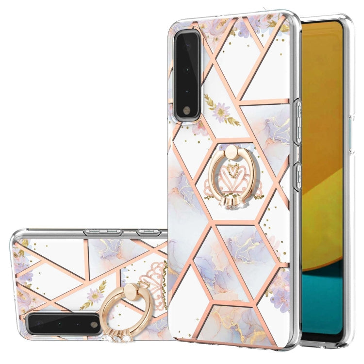 For LG Stylo 7 5G Electroplating Splicing Marble Flower Pattern TPU Shockproof Case with Rhinestone Ring Holder