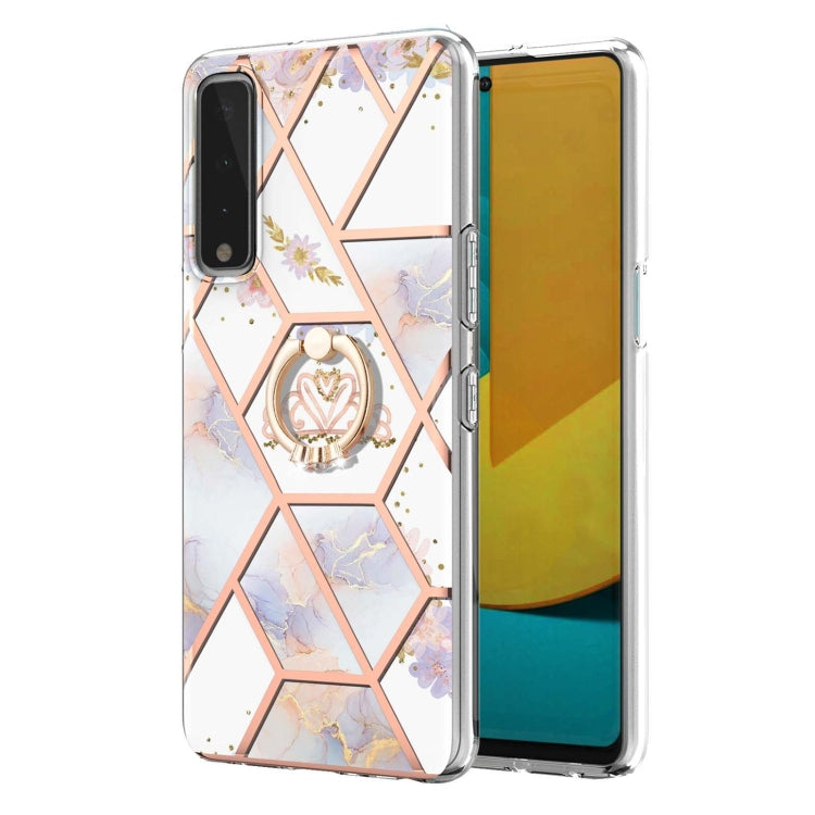For LG Stylo 7 5G Electroplating Splicing Marble Flower Pattern TPU Shockproof Case with Rhinestone Ring Holder