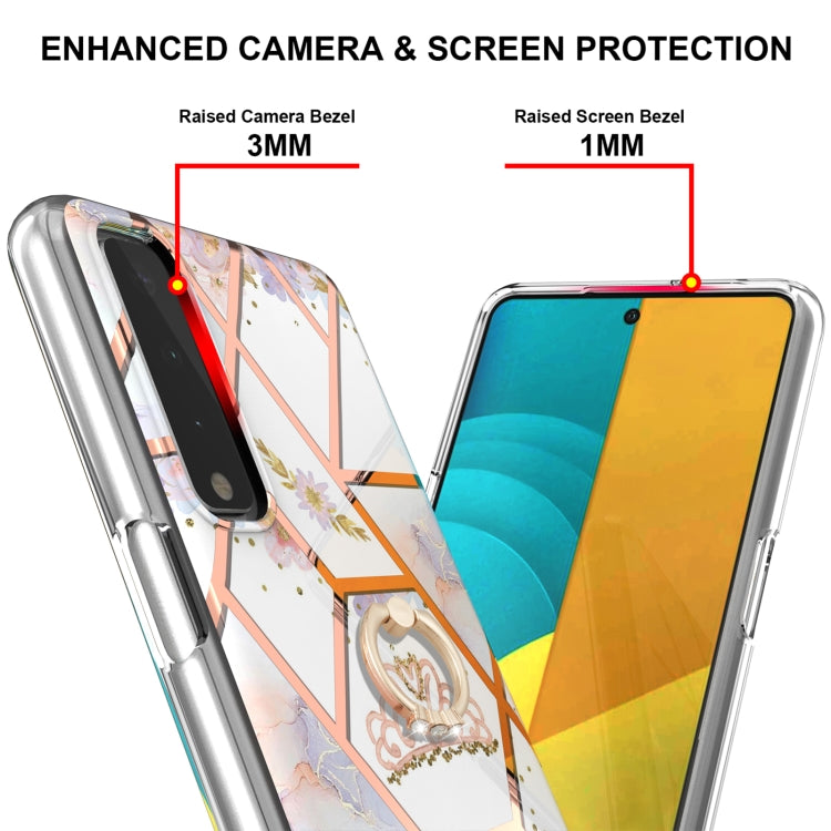 For LG Stylo 7 5G Electroplating Splicing Marble Flower Pattern TPU Shockproof Case with Rhinestone Ring Holder