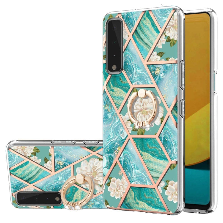 For LG Stylo 7 5G Electroplating Splicing Marble Flower Pattern TPU Shockproof Case with Rhinestone Ring Holder