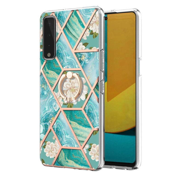For LG Stylo 7 5G Electroplating Splicing Marble Flower Pattern TPU Shockproof Case with Rhinestone Ring Holder