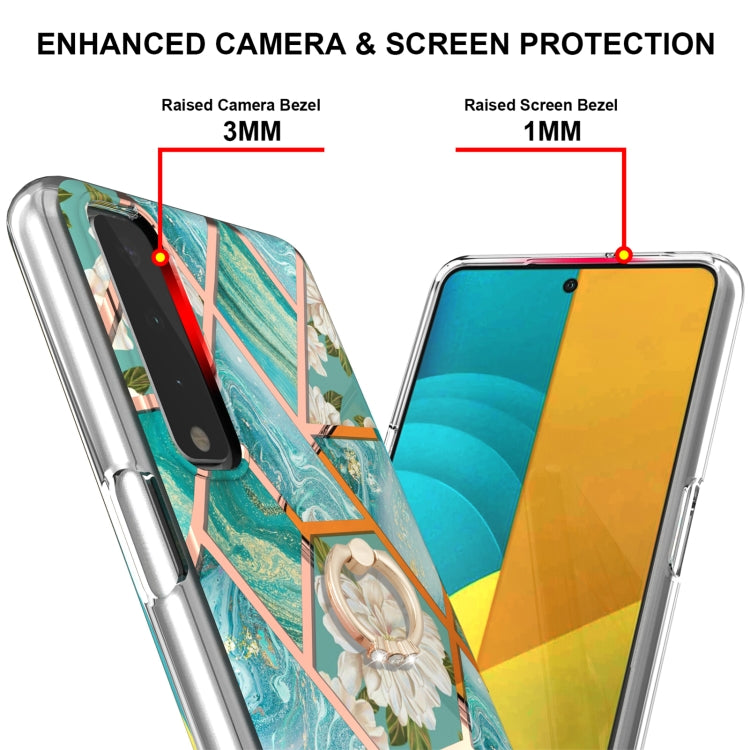 For LG Stylo 7 5G Electroplating Splicing Marble Flower Pattern TPU Shockproof Case with Rhinestone Ring Holder