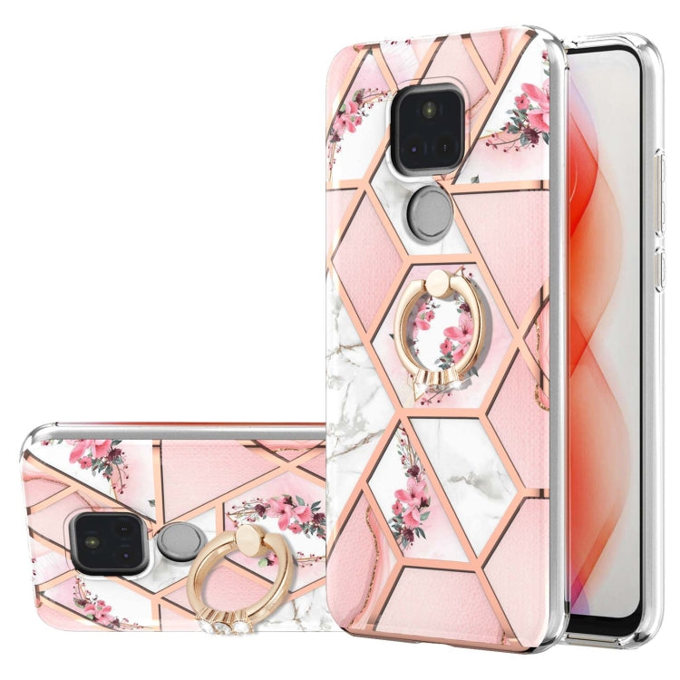 For Motorola Moto G Play (2021) Electroplating Splicing Marble Flower Pattern TPU Shockproof Case with Rhinestone Ring Holder