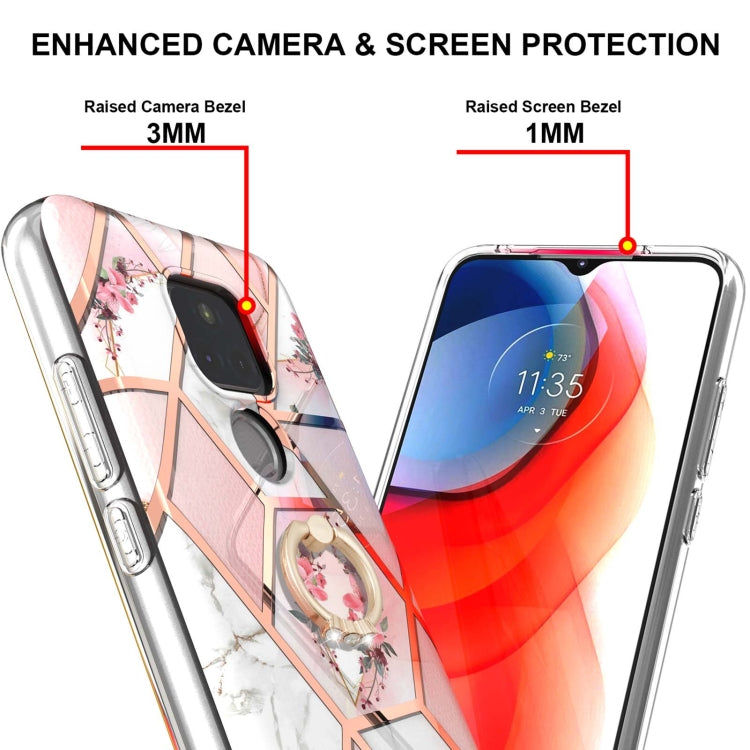 For Motorola Moto G Play (2021) Electroplating Splicing Marble Flower Pattern TPU Shockproof Case with Rhinestone Ring Holder