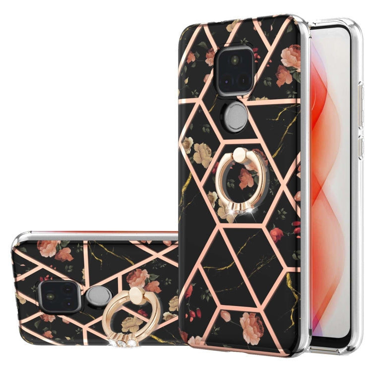 For Motorola Moto G Play (2021) Electroplating Splicing Marble Flower Pattern TPU Shockproof Case with Rhinestone Ring Holder