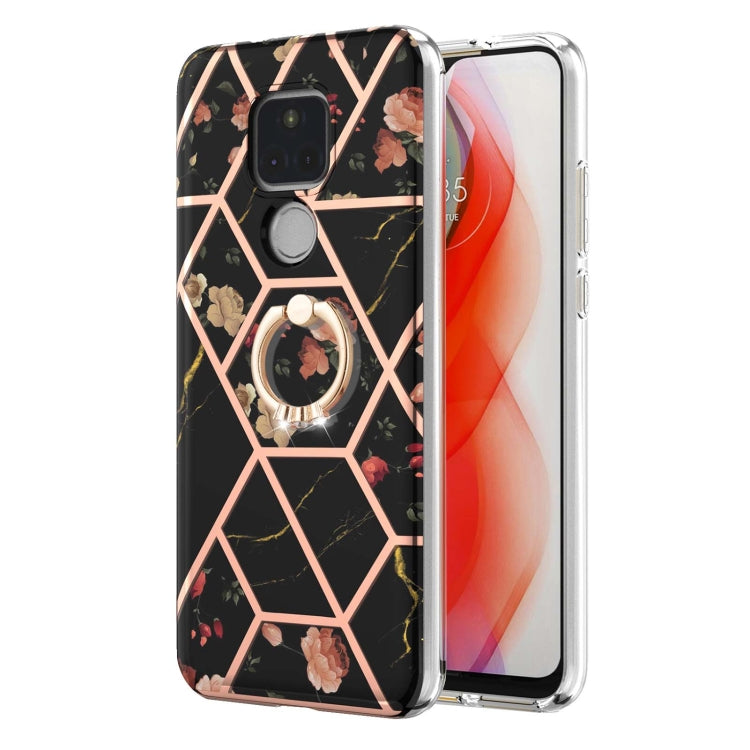 For Motorola Moto G Play (2021) Electroplating Splicing Marble Flower Pattern TPU Shockproof Case with Rhinestone Ring Holder