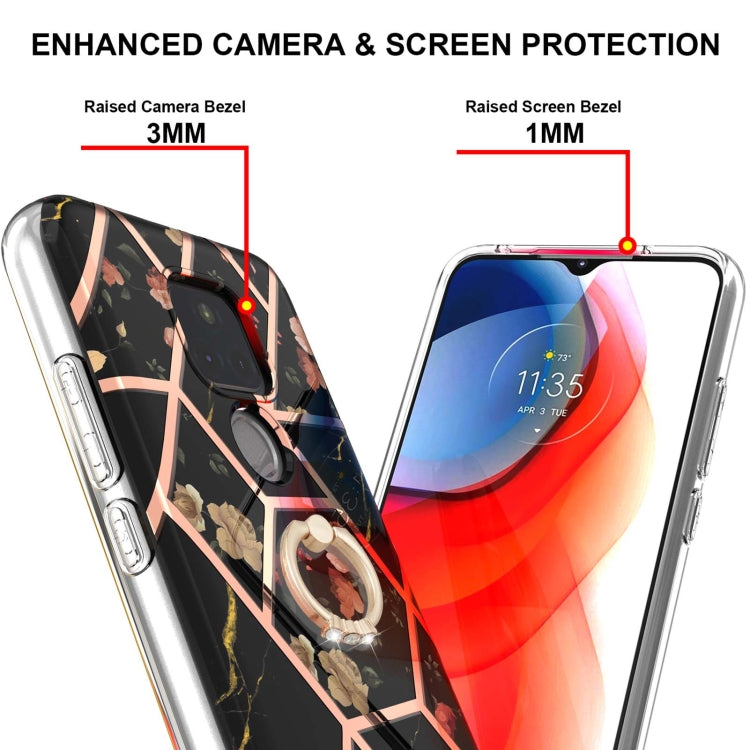 For Motorola Moto G Play (2021) Electroplating Splicing Marble Flower Pattern TPU Shockproof Case with Rhinestone Ring Holder