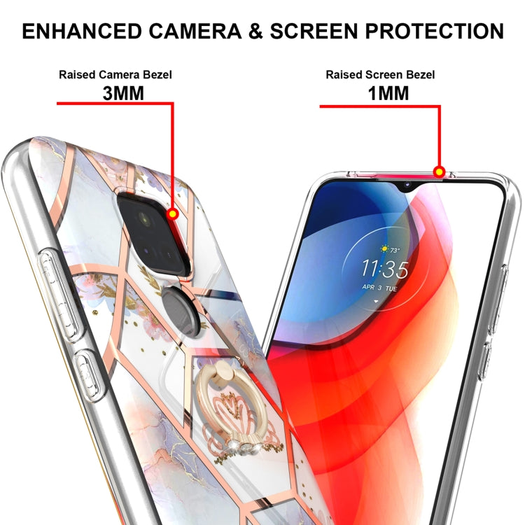 For Motorola Moto G Play (2021) Electroplating Splicing Marble Flower Pattern TPU Shockproof Case with Rhinestone Ring Holder