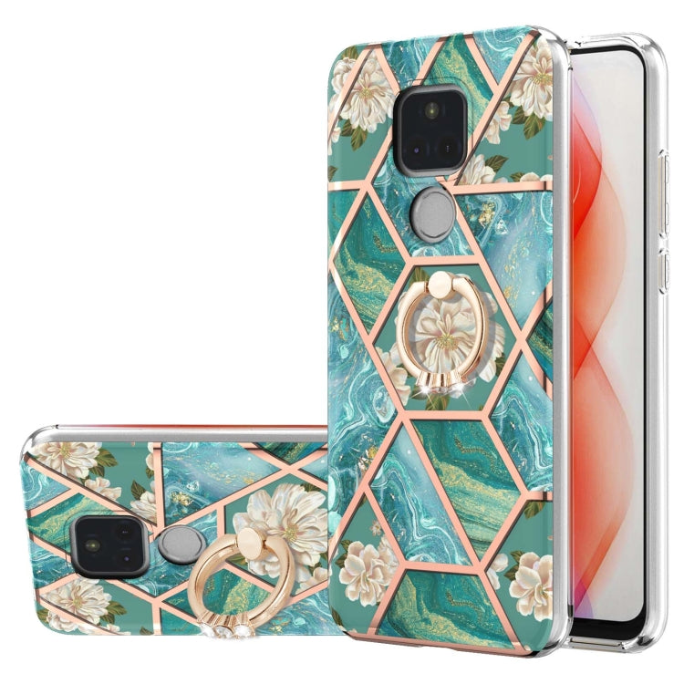 For Motorola Moto G Play (2021) Electroplating Splicing Marble Flower Pattern TPU Shockproof Case with Rhinestone Ring Holder