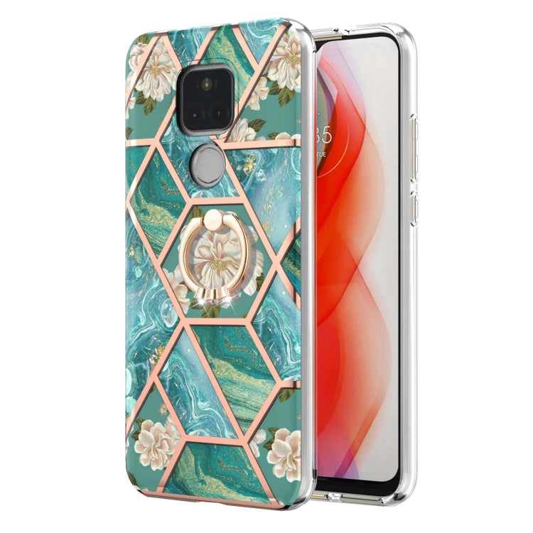 For Motorola Moto G Play (2021) Electroplating Splicing Marble Flower Pattern TPU Shockproof Case with Rhinestone Ring Holder
