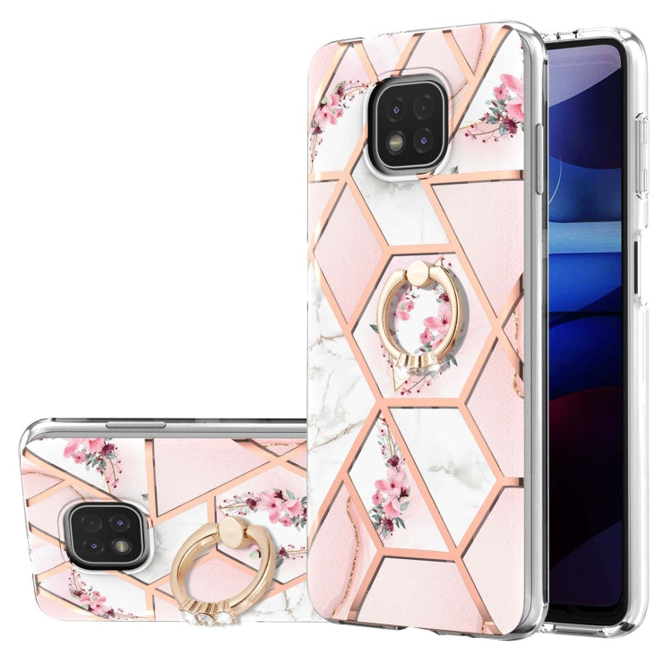 For Motorola Moto G Power (2021) Electroplating Splicing Marble Flower Pattern TPU Shockproof Case with Rhinestone Ring Holder