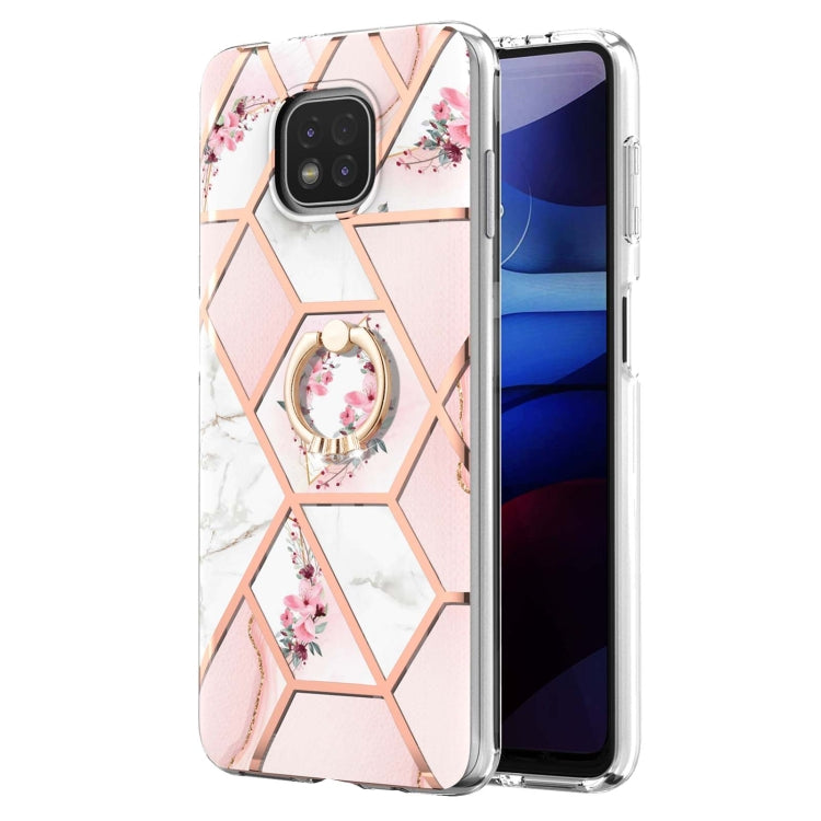 For Motorola Moto G Power (2021) Electroplating Splicing Marble Flower Pattern TPU Shockproof Case with Rhinestone Ring Holder