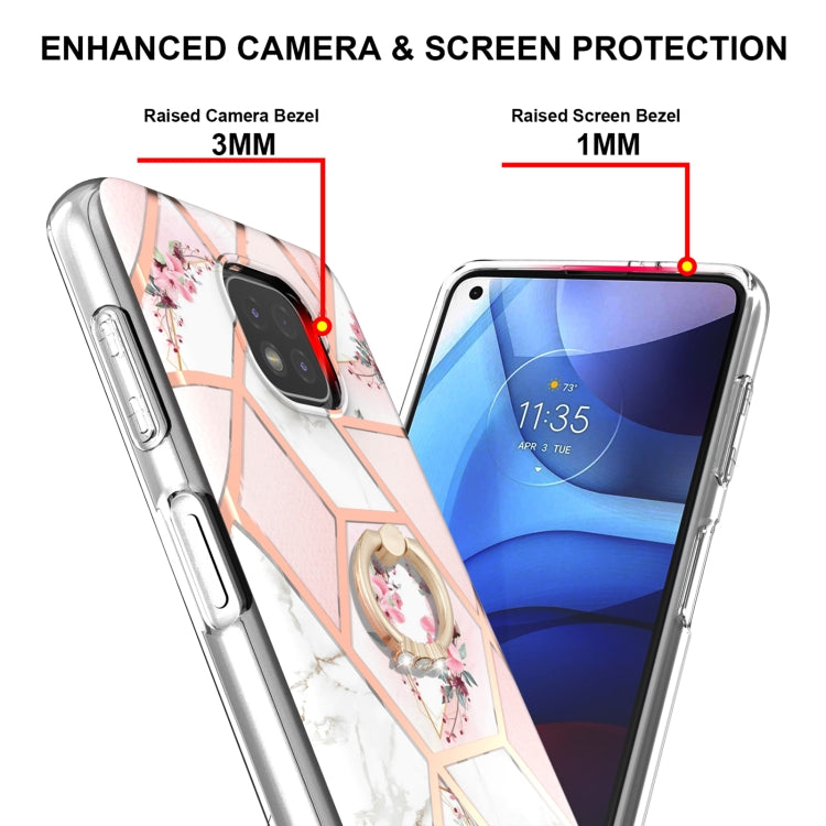 For Motorola Moto G Power (2021) Electroplating Splicing Marble Flower Pattern TPU Shockproof Case with Rhinestone Ring Holder