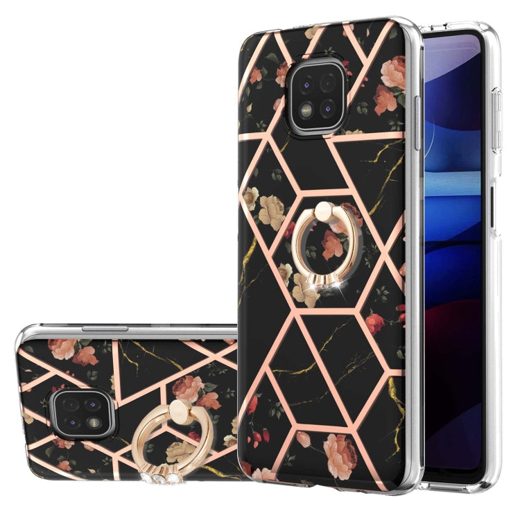 For Motorola Moto G Power (2021) Electroplating Splicing Marble Flower Pattern TPU Shockproof Case with Rhinestone Ring Holder