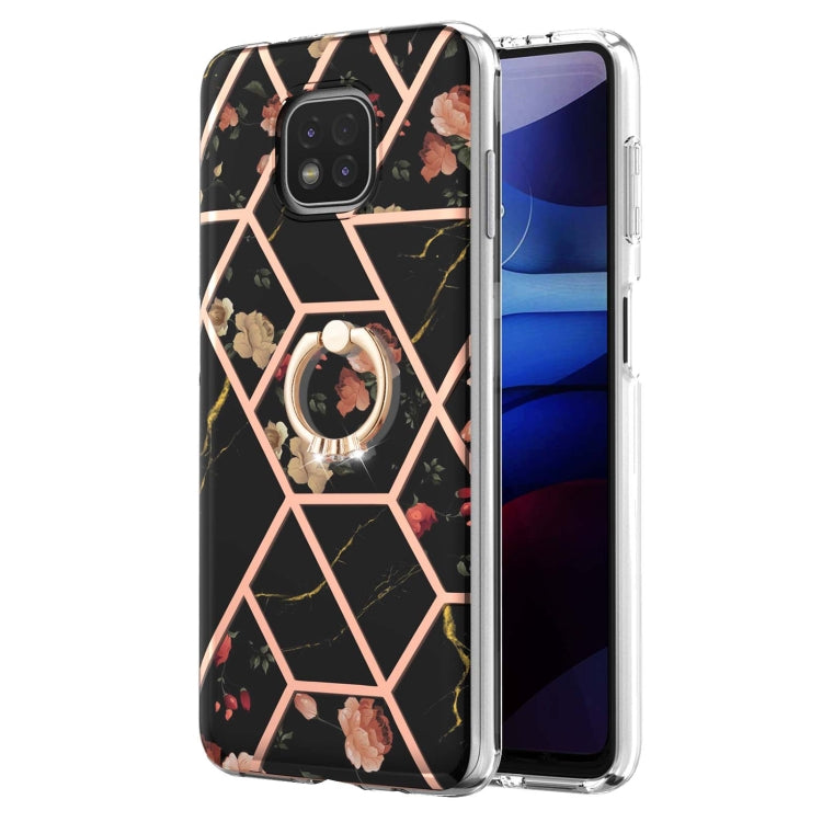 For Motorola Moto G Power (2021) Electroplating Splicing Marble Flower Pattern TPU Shockproof Case with Rhinestone Ring Holder