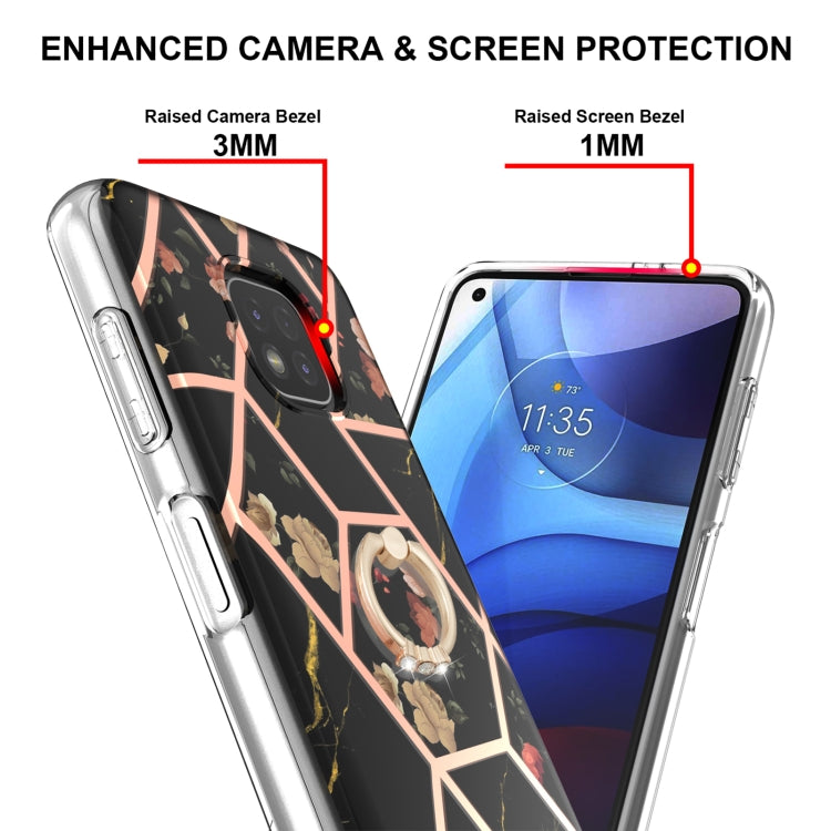 For Motorola Moto G Power (2021) Electroplating Splicing Marble Flower Pattern TPU Shockproof Case with Rhinestone Ring Holder