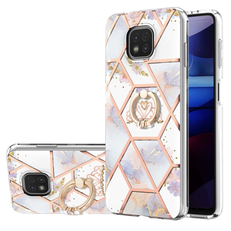 For Motorola Moto G Power (2021) Electroplating Splicing Marble Flower Pattern TPU Shockproof Case with Rhinestone Ring Holder