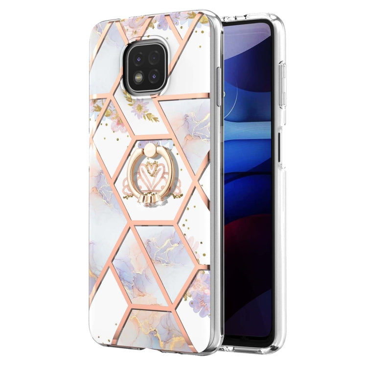 For Motorola Moto G Power (2021) Electroplating Splicing Marble Flower Pattern TPU Shockproof Case with Rhinestone Ring Holder