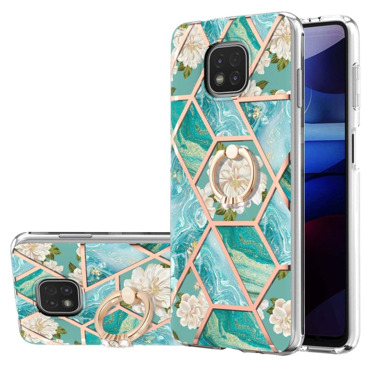 For Motorola Moto G Power (2021) Electroplating Splicing Marble Flower Pattern TPU Shockproof Case with Rhinestone Ring Holder
