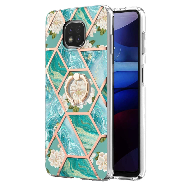 For Motorola Moto G Power (2021) Electroplating Splicing Marble Flower Pattern TPU Shockproof Case with Rhinestone Ring Holder