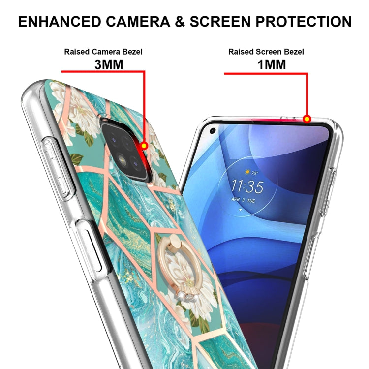 For Motorola Moto G Power (2021) Electroplating Splicing Marble Flower Pattern TPU Shockproof Case with Rhinestone Ring Holder