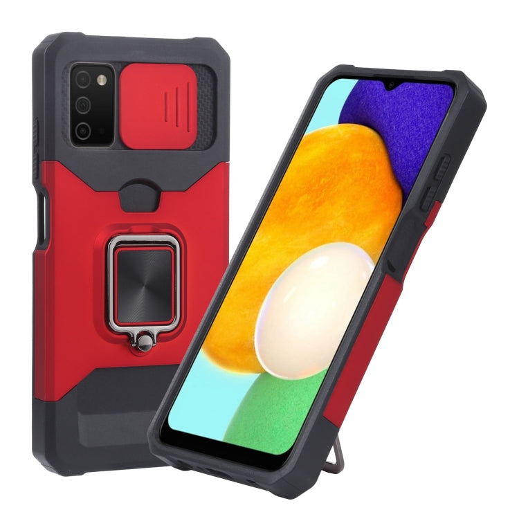 For Samsung Galaxy A03s 166.5mm EU/A02s 166.5mm US Sliding Camera Cover Design PC + TPU Shockproof Case with Ring Holder & Card Slot