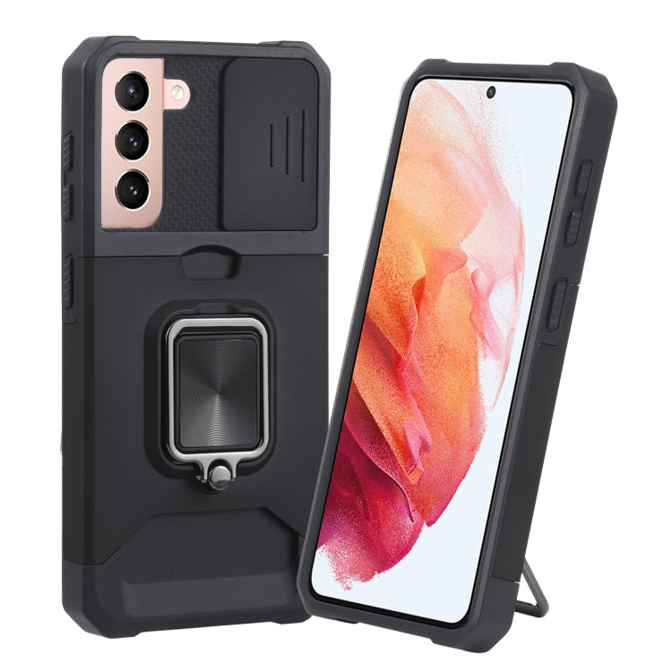 For Samsung Galaxy S21 5G Sliding Camera Cover Design PC + TPU Shockproof Case with Ring Holder & Card Slot