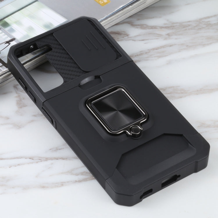 For Samsung Galaxy S21 5G Sliding Camera Cover Design PC + TPU Shockproof Case with Ring Holder & Card Slot