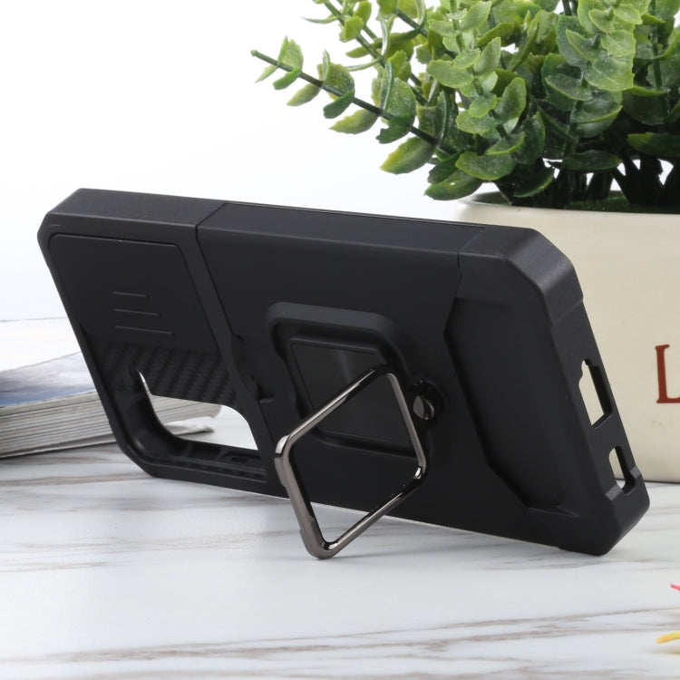For Samsung Galaxy S21 5G Sliding Camera Cover Design PC + TPU Shockproof Case with Ring Holder & Card Slot