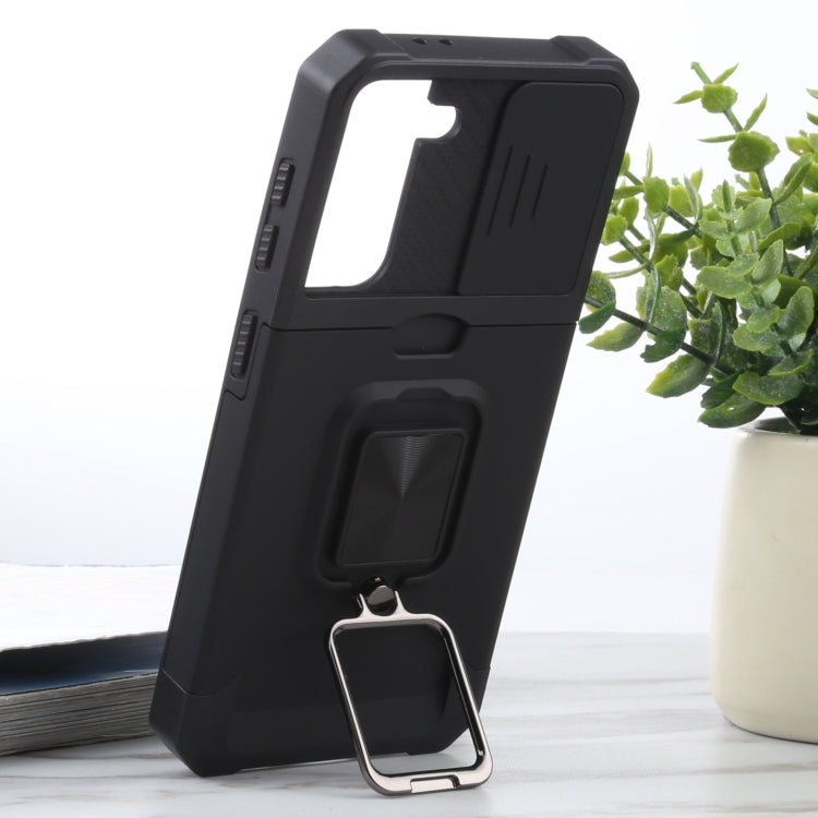 For Samsung Galaxy S21 5G Sliding Camera Cover Design PC + TPU Shockproof Case with Ring Holder & Card Slot