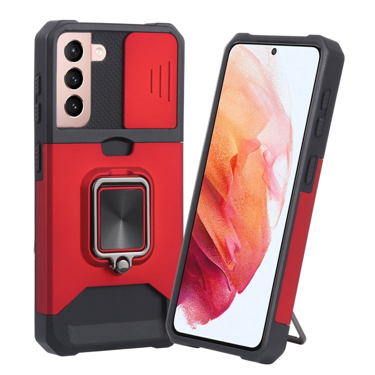For Samsung Galaxy S21 5G Sliding Camera Cover Design PC + TPU Shockproof Case with Ring Holder & Card Slot
