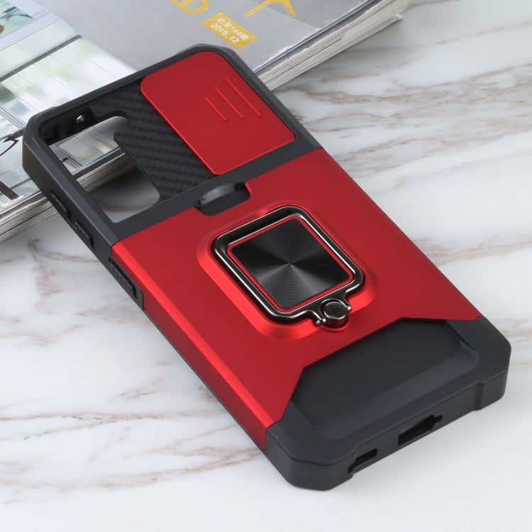 For Samsung Galaxy S21 5G Sliding Camera Cover Design PC + TPU Shockproof Case with Ring Holder & Card Slot