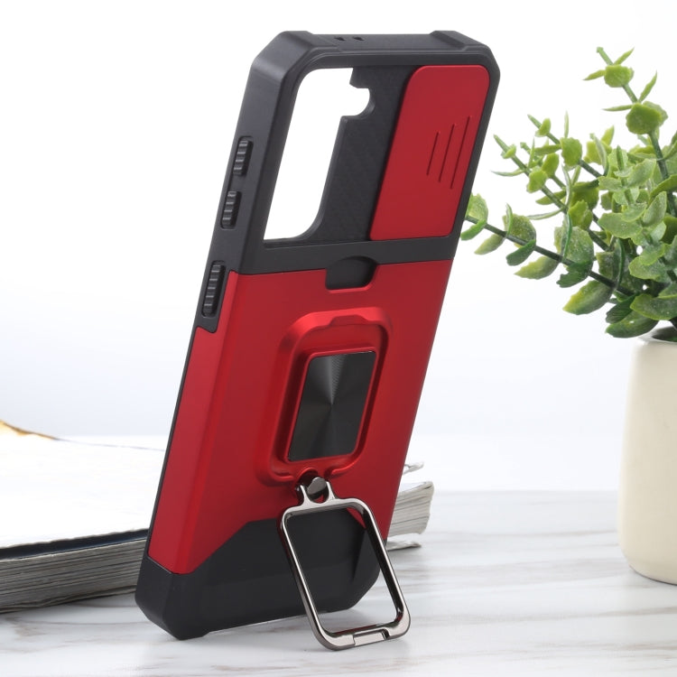 For Samsung Galaxy S21 5G Sliding Camera Cover Design PC + TPU Shockproof Case with Ring Holder & Card Slot