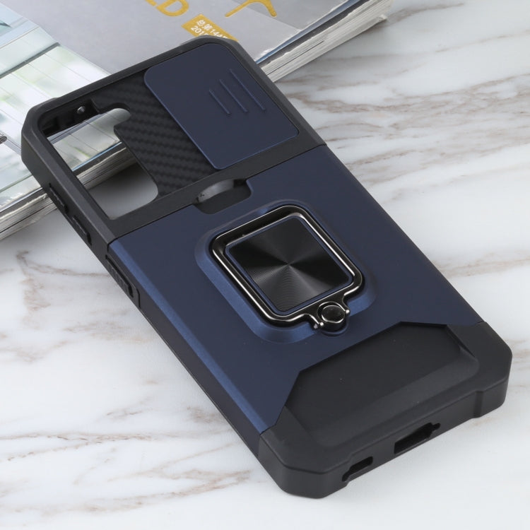 For Samsung Galaxy S21 5G Sliding Camera Cover Design PC + TPU Shockproof Case with Ring Holder & Card Slot