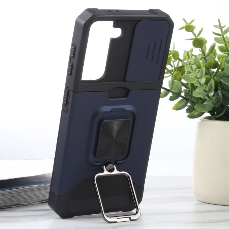 For Samsung Galaxy S21 5G Sliding Camera Cover Design PC + TPU Shockproof Case with Ring Holder & Card Slot