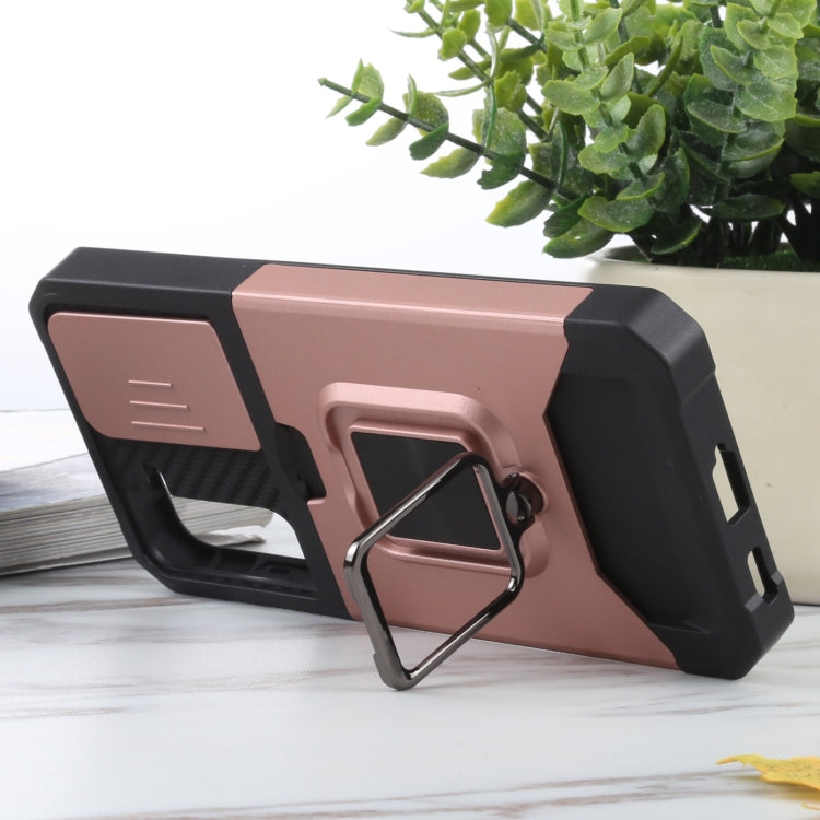 For Samsung Galaxy S21 5G Sliding Camera Cover Design PC + TPU Shockproof Case with Ring Holder & Card Slot