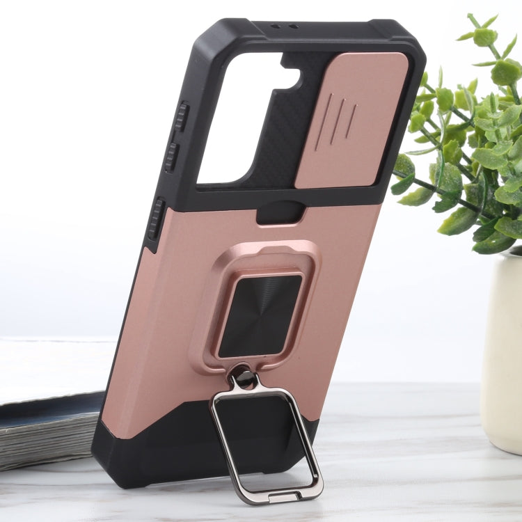 For Samsung Galaxy S21 5G Sliding Camera Cover Design PC + TPU Shockproof Case with Ring Holder & Card Slot