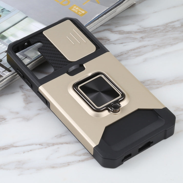 For Samsung Galaxy S21 5G Sliding Camera Cover Design PC + TPU Shockproof Case with Ring Holder & Card Slot